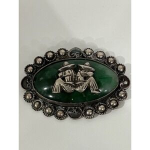Vintage Mexico Sterling Silver‎ Brooch Pin Jade sleeping Figures Oval
